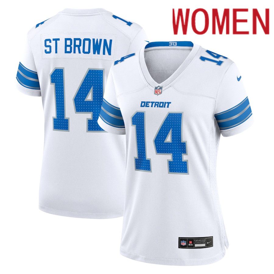 Women Detroit Lions #14 Amon-Ra St. Brown Nike White White Game NFL Jersey->->Women Jersey